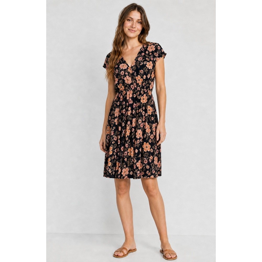 Old Navy Women Medium Navy Blue Floral Flutter Sleeve V-Neck Tiered Dress Pocket